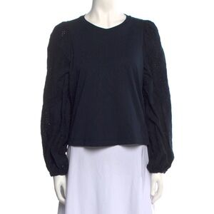 ME+EM Navy Blue Eyelet Lace Balloon Sleeve Jersey Cotton Boho Top Size 10